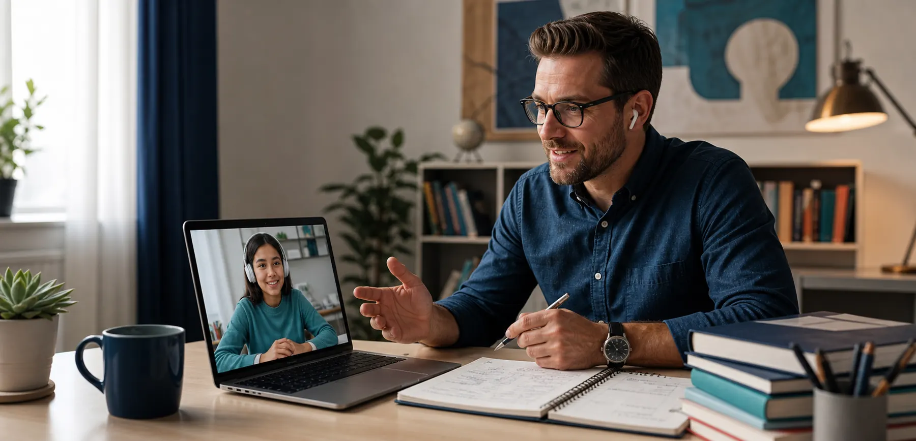 Professional online English tutoring lesson with a teacher and study materials