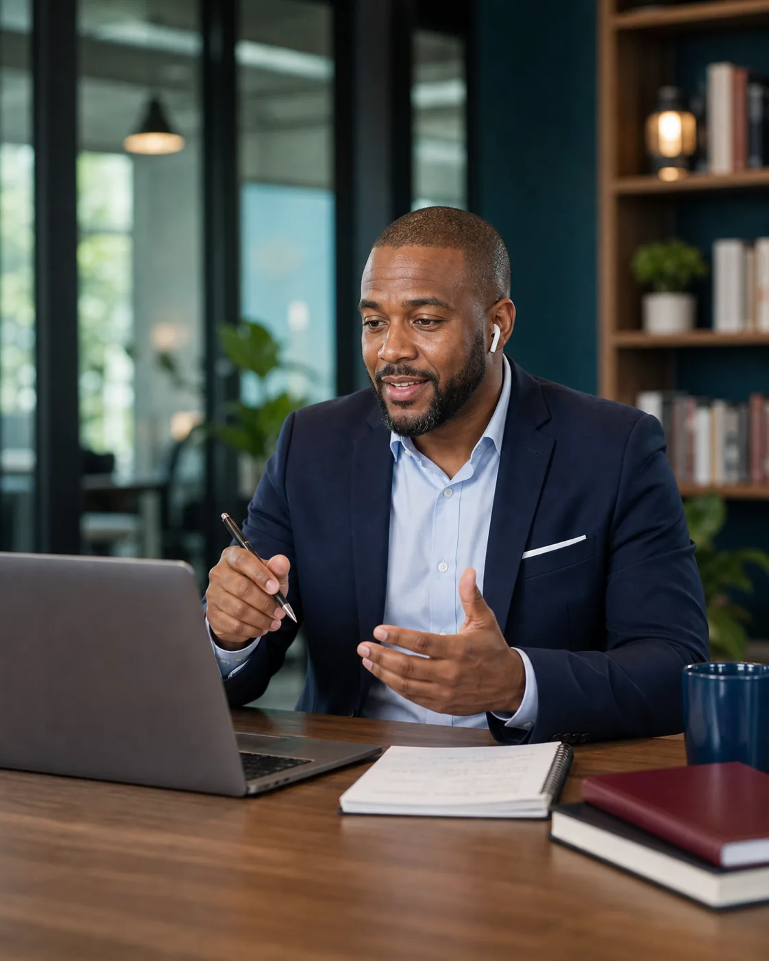 Professional preparing for an English interview or academic presentation online