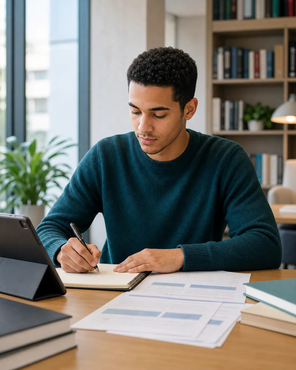 Student practicing English grammar and writing with a tablet and notebook